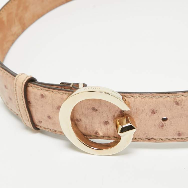 Pre Owned Gucci Beige Ostrich Leather G Buckle Belt 85CM