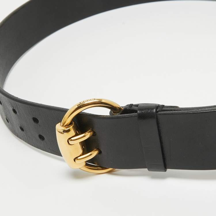 Pre Owned Gucci Black Leather Horsebit Round Buckle Belt 95CM