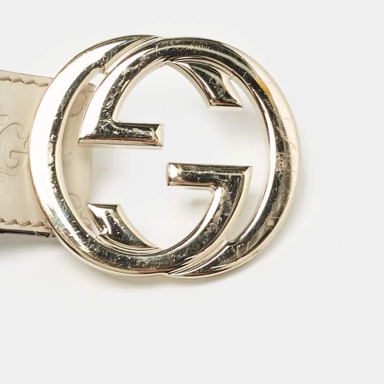 Pre Owned Gucci Off White Guccissima Leather Interlocking G Buckle Belt 85CM