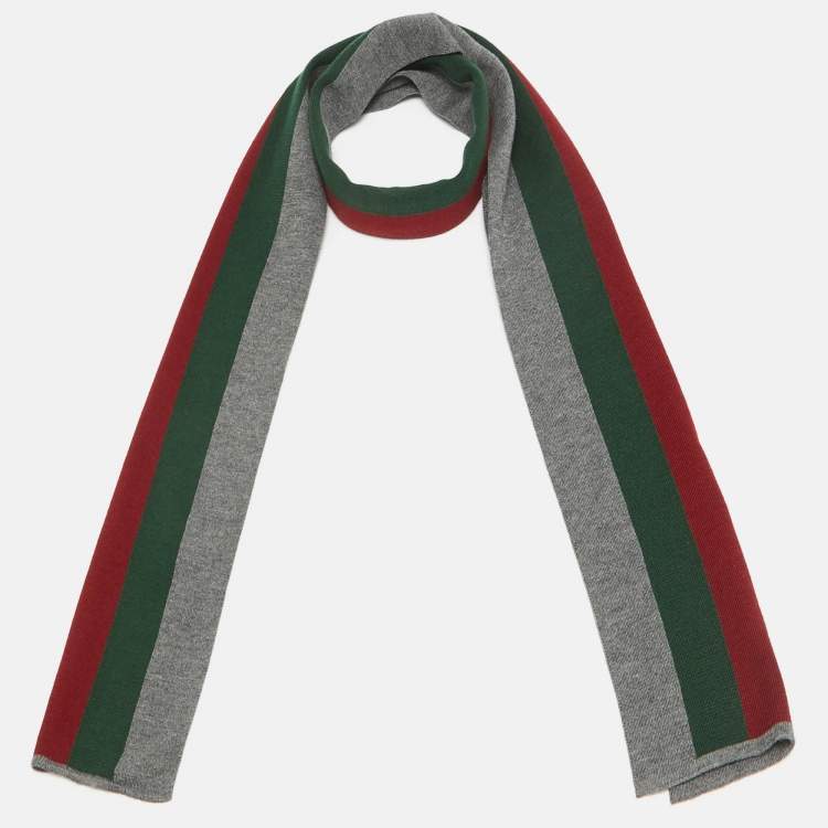 Pre Owned Gucci Grey Web Striped Wool & Silk Knit Stole