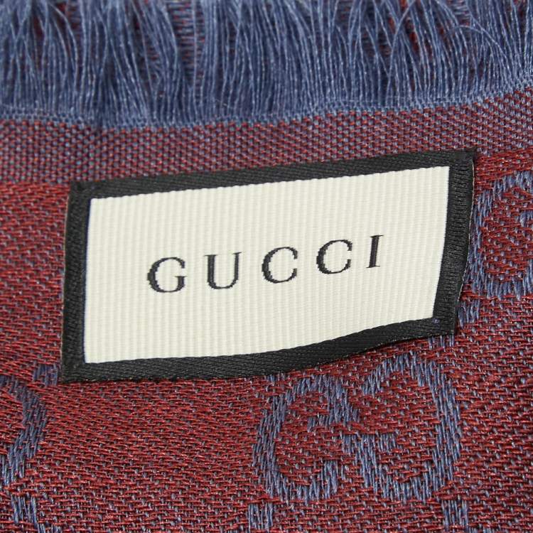 Pre Owned Gucci Blue/Red GG Web Wool Blend Square Scarf 