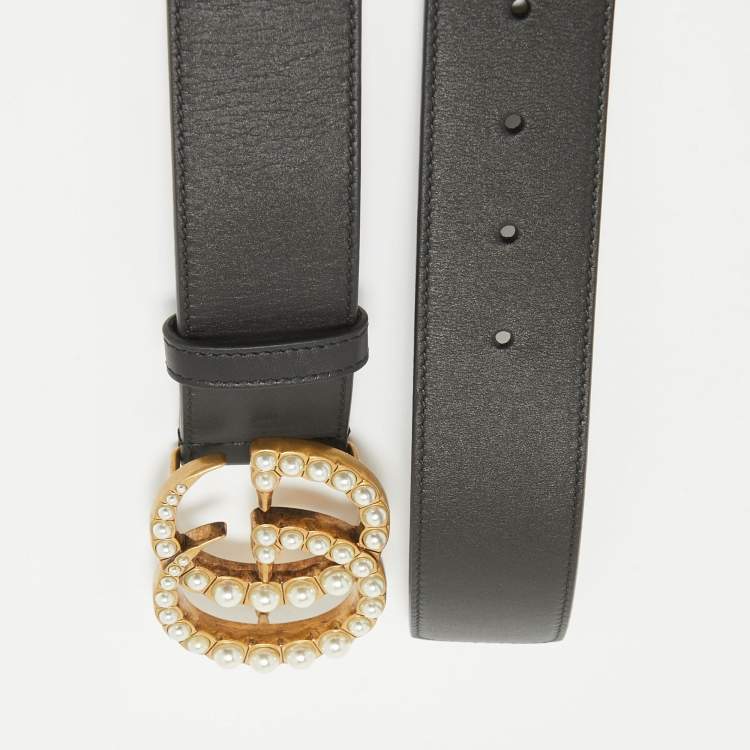 مملوكة مسبقًا Gucci Black Leather Pearl Embellished GG Marmont Belt 90CM