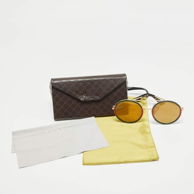 Pre Owned Gucci Green/Red Mirrored GG0061S Round Sunglasses