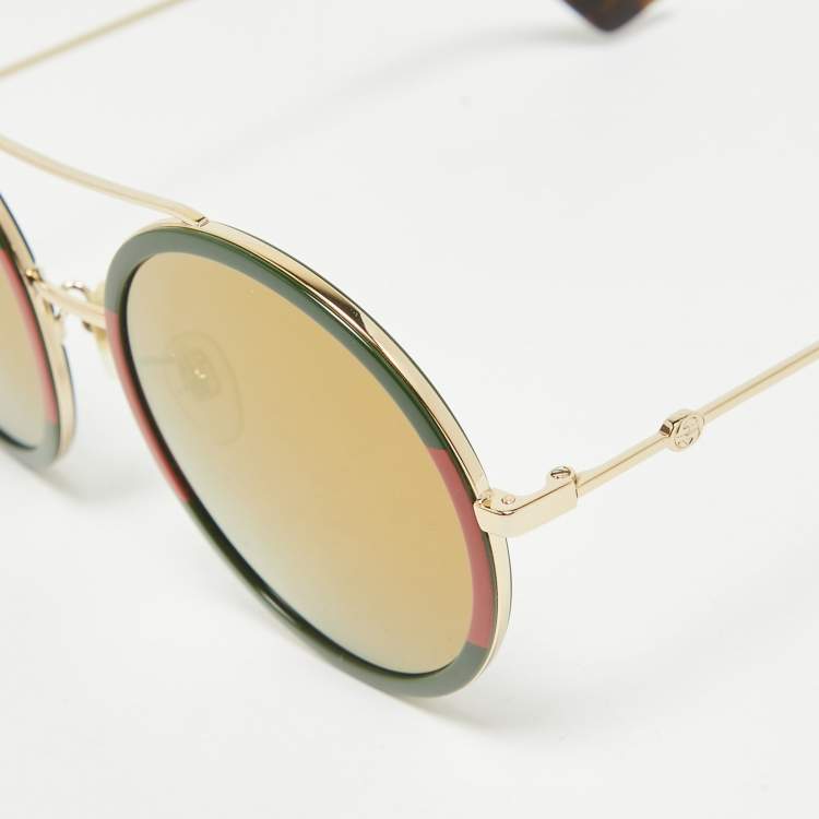 Pre Owned Gucci Green/Red Mirrored GG0061S Round Sunglasses