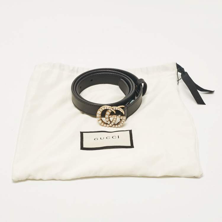 مملوكة مسبقًا Gucci Black Leather GG Marmont Pearl Embellished Buckle Slim Belt 80 CM