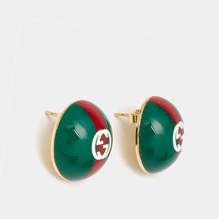 Pre Owned Gucci Red and Green Resin Enamel Vintage Web Stud Earrings