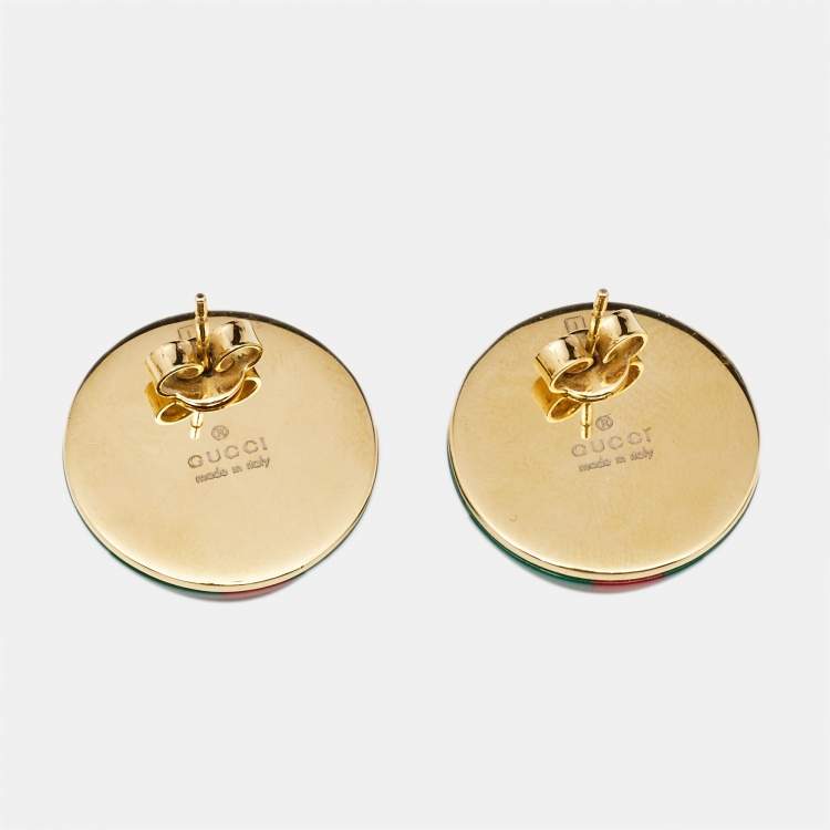 Pre Owned Gucci Red and Green Resin Enamel Vintage Web Stud Earrings