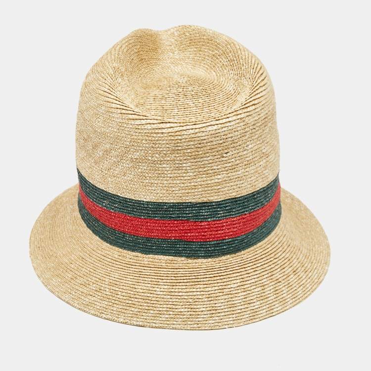 Pre Owned Gucci Brown Web Straw Fedora Hat 