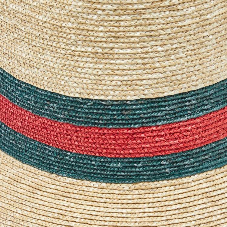 Pre Owned Gucci Brown Web Straw Fedora Hat 