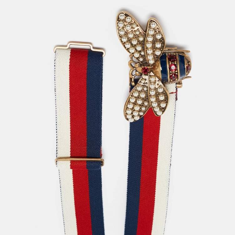 Pre Owned Gucci Tricolor Web Canvas Queen Margaret Bee Belt 80CM