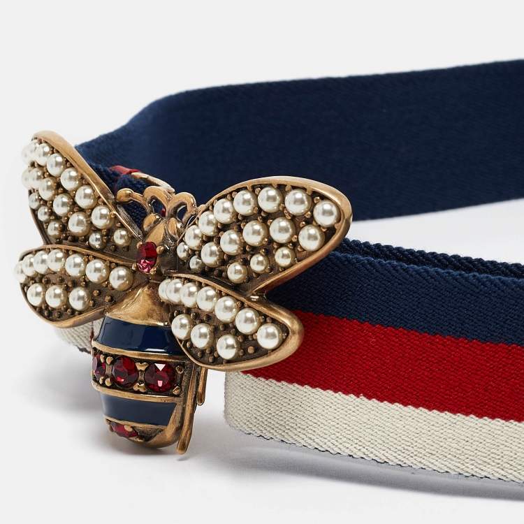 Pre Owned Gucci Tricolor Web Canvas Queen Margaret Bee Belt 80CM
