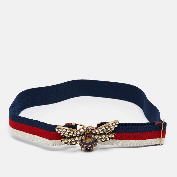 Pre Owned Gucci Tricolor Web Canvas Queen Margaret Bee Belt 80CM