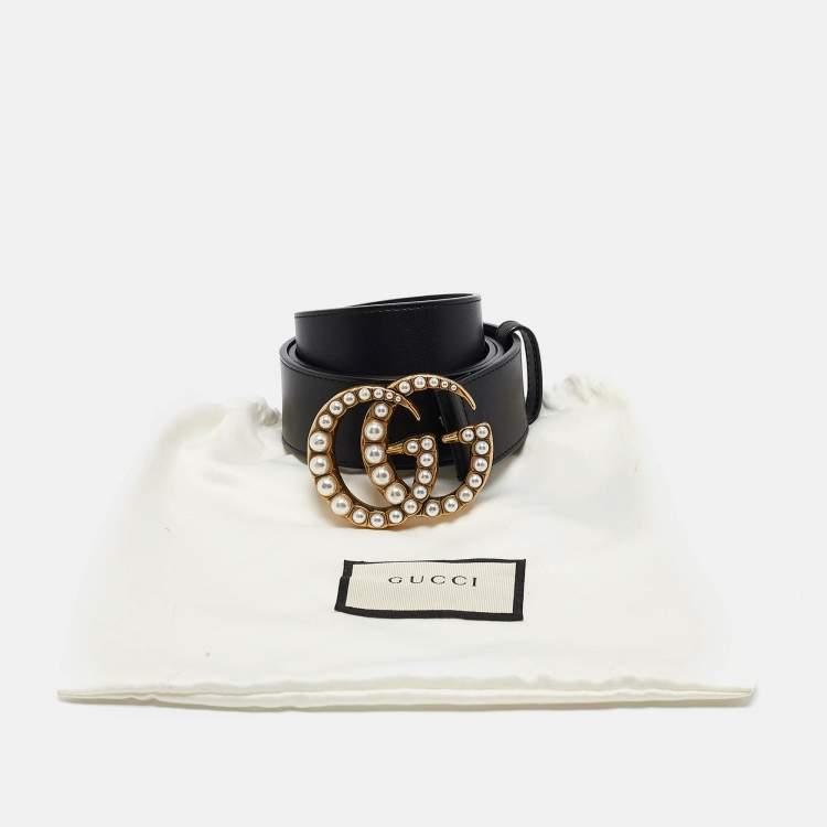 Pre Owned Gucci Black Leather GG Marmont Pearl Embellished Buckle Belt 100CM