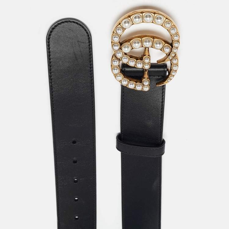 Pre Owned Gucci Black Leather GG Marmont Pearl Embellished Buckle Belt 100CM