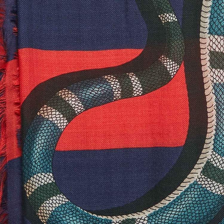 Pre Owned Gucci Red/Blue Kingsnake Print Stripe Silk Scarf 