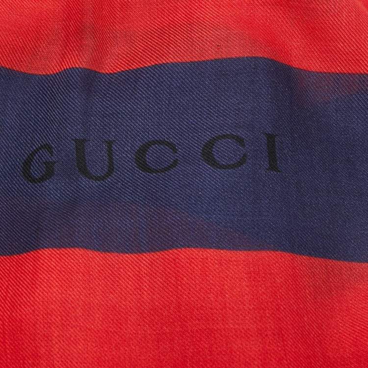 Pre Owned Gucci Red/Blue Kingsnake Print Stripe Silk Scarf 