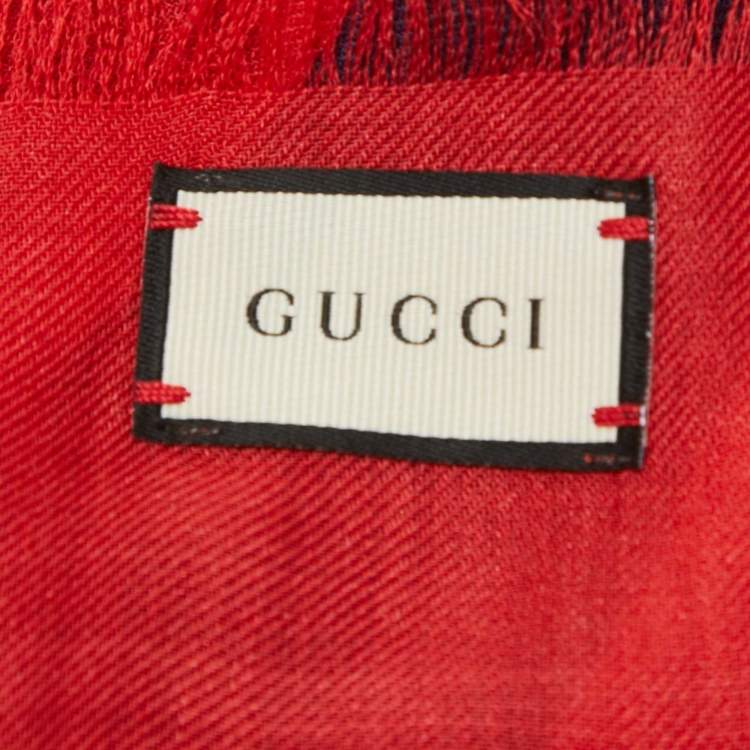 Pre Owned Gucci Red/Blue Kingsnake Print Stripe Silk Scarf 