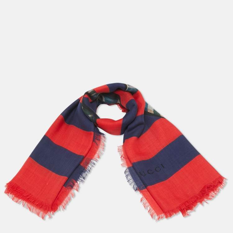 Pre Owned Gucci Red/Blue Kingsnake Print Stripe Silk Scarf 