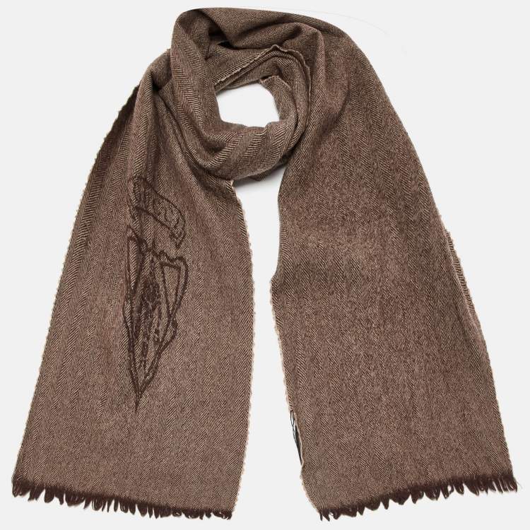 مملوكة مسبقًا Gucci Brown Logo Detail Herringbone Wool Muffler