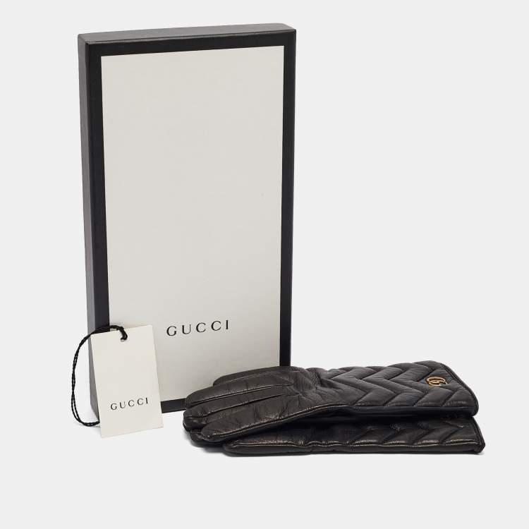 Pre Owned Gucci Black Matelassé Leather GG Marmont Gloves Size 7.5
