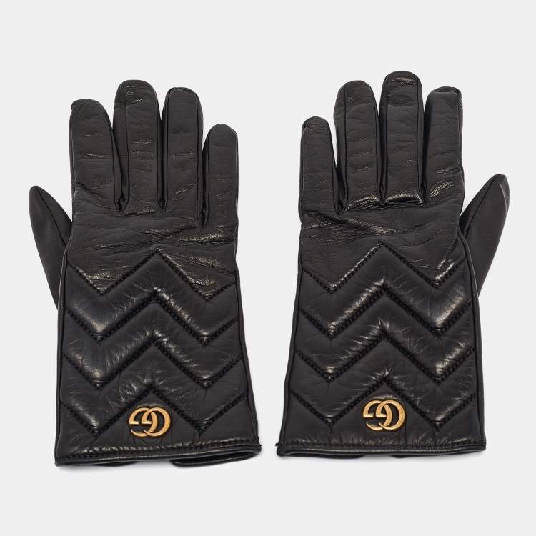 Pre Owned Gucci Black Matelassé Leather GG Marmont Gloves Size 7.5