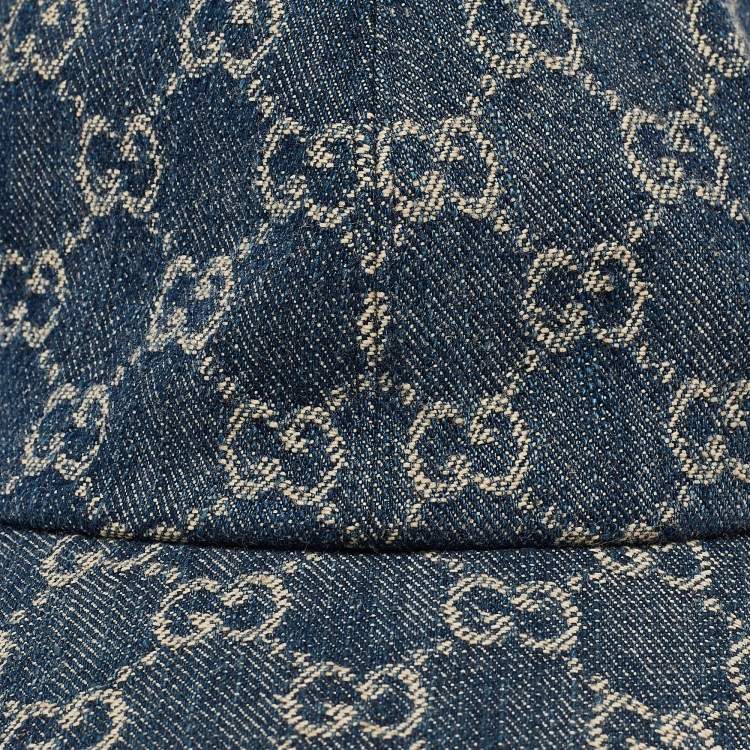 Pre Owned Gucci Blue GG Supreme Jacquard Denim and Leather Baseball Cap 