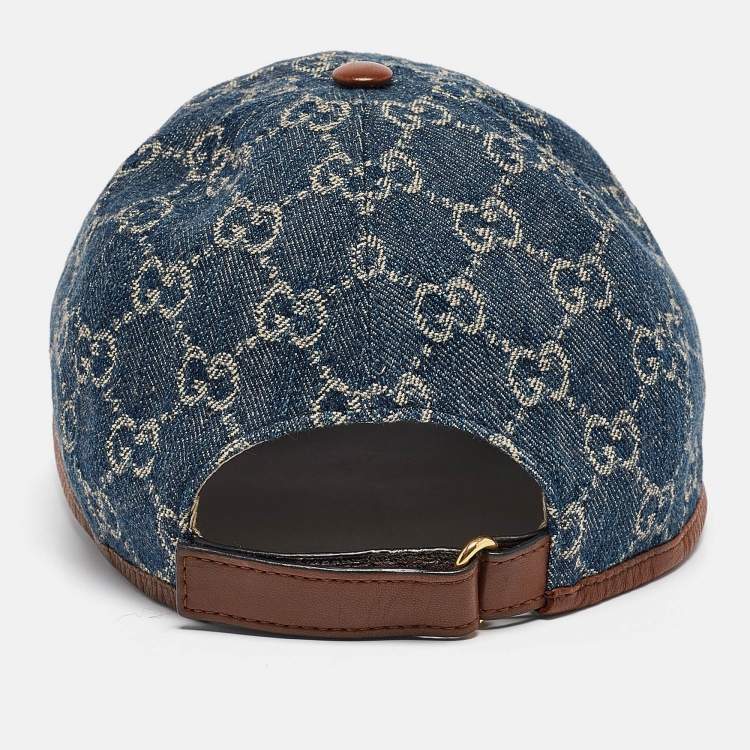 Pre Owned Gucci Blue GG Supreme Jacquard Denim and Leather Baseball Cap 