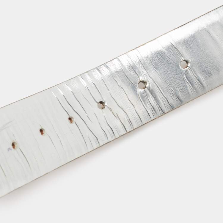 Pre Owned Gucci Silver Leather Horsebit Buckle Belt 80 CM