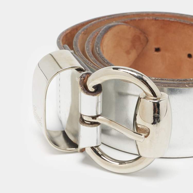 Pre Owned Gucci Silver Leather Horsebit Buckle Belt 80 CM