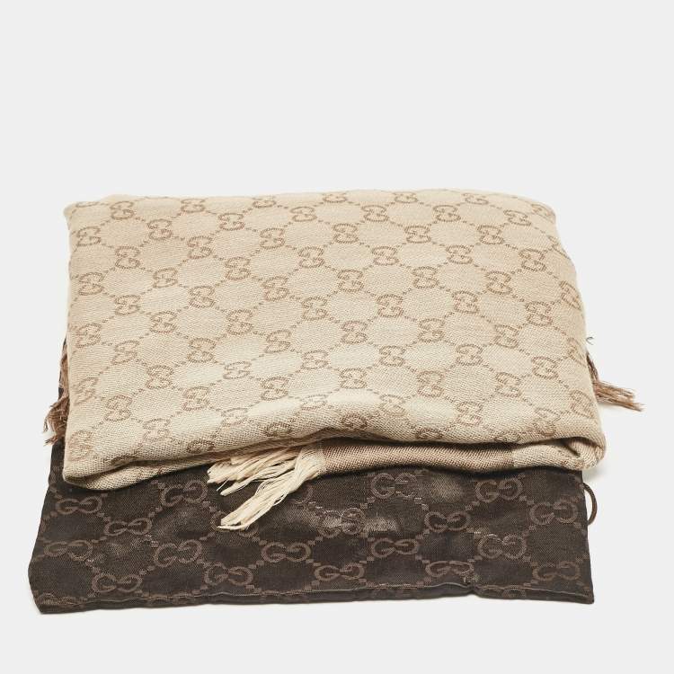 مملوكة مسبقًا Gucci Brown GG Jacquard Cotton Blend Fringed Scarf