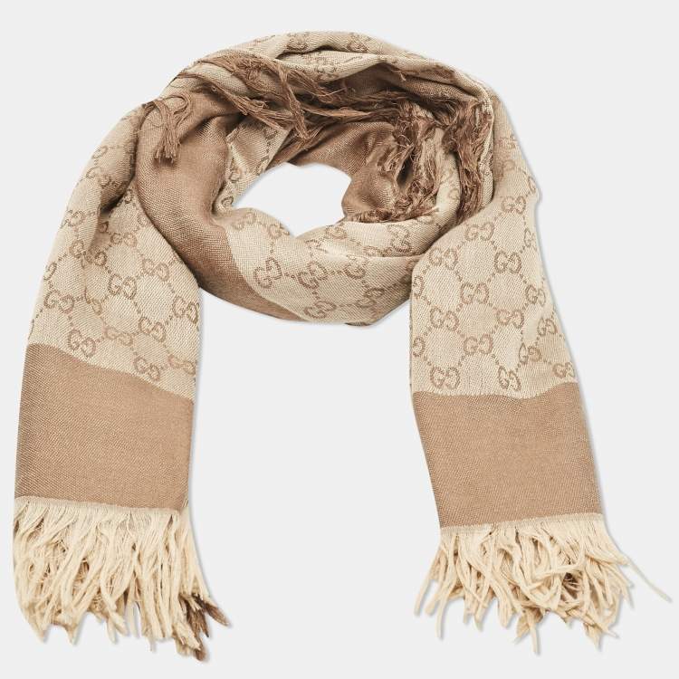 مملوكة مسبقًا Gucci Brown GG Jacquard Cotton Blend Fringed Scarf