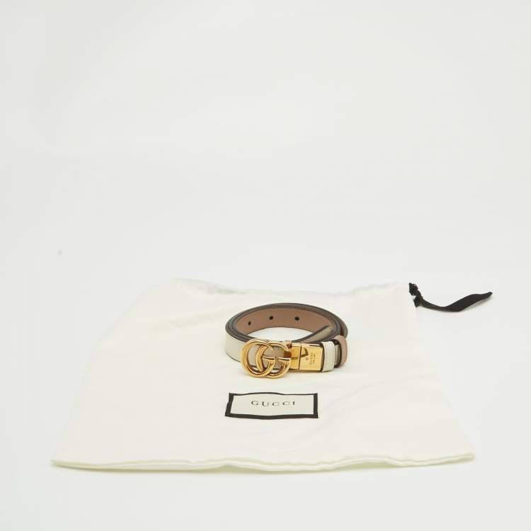 Pre Owned Gucci White/Beige Leather GG Marmont Reversible Slim Belt 80CM