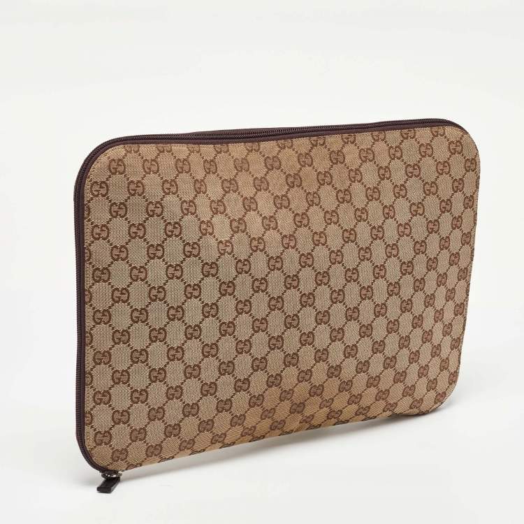 Pre Owned Gucci Beige/Brown GG Canvas and Leather Laptop Case