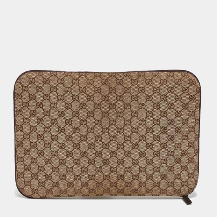 Pre Owned Gucci Beige/Brown GG Canvas and Leather Laptop Case