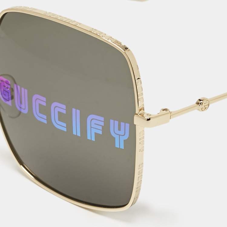 Pre Owned نظارة شمسية غوتشي مربعة GG0414إس لون ذهبي/أسود غوتشيفاي