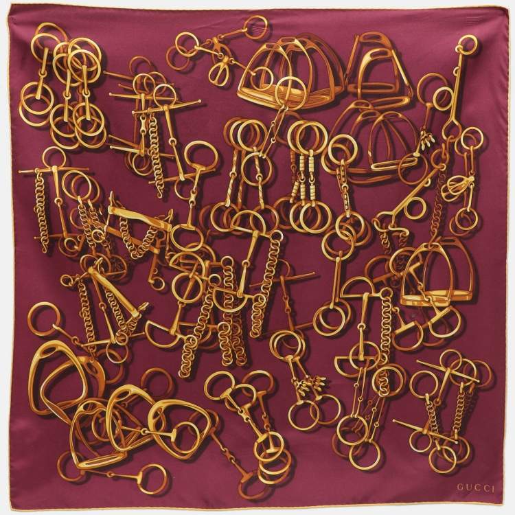 Pre Owned Gucci Burgundy Silk Horsebit Square Scarf