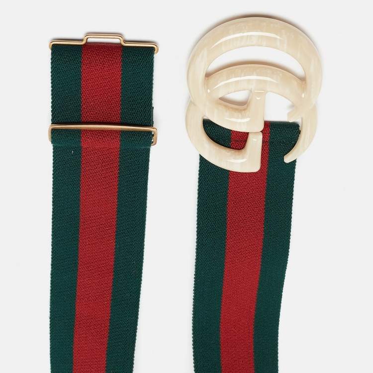 Pre Owned Gucci Green/Red Web Elastic Plexiglass GG Marmont Buckle Belt 85CM