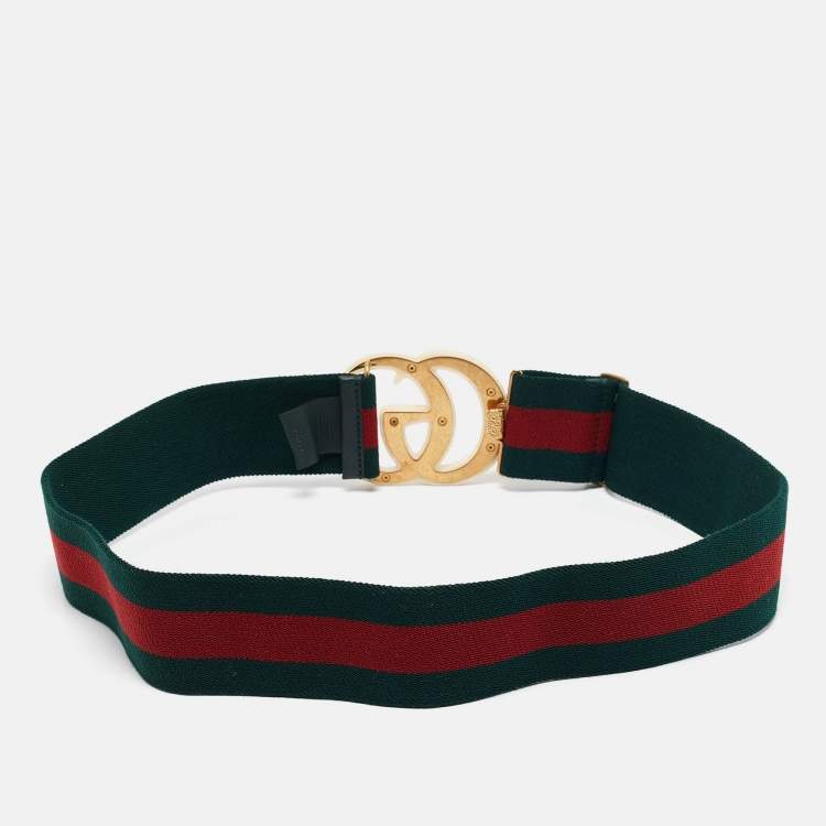 Pre Owned Gucci Green/Red Web Elastic Plexiglass GG Marmont Buckle Belt 85CM