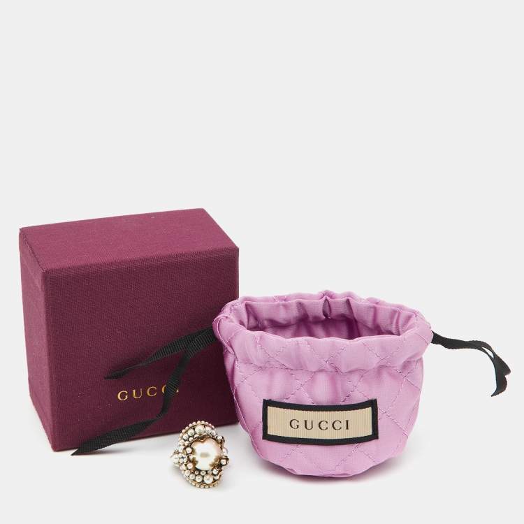 Pre Owned Gucci Faux Pearl Flower Gold Tone Ring Size 50