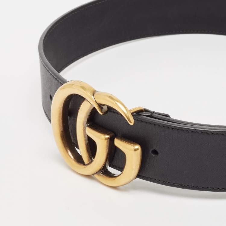 Pre Owned Gucci Black Leather GG Marmont Buckle Belt 70CM
