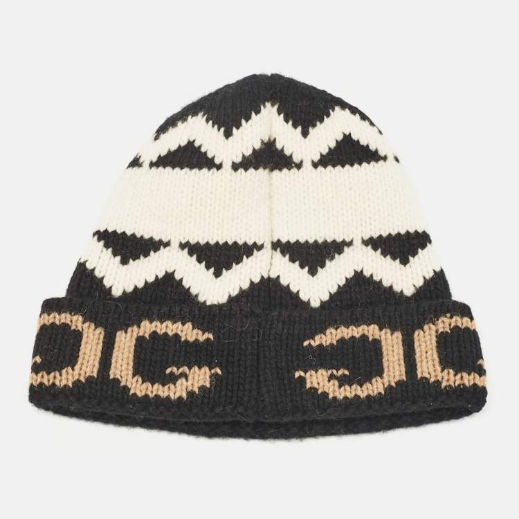 Pre Owned Gucci Black/White GG Wool Rib Knit Beanie L