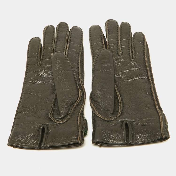 Pre Owned Gucci Brown Leather Web Horsebit Gloves Size 7