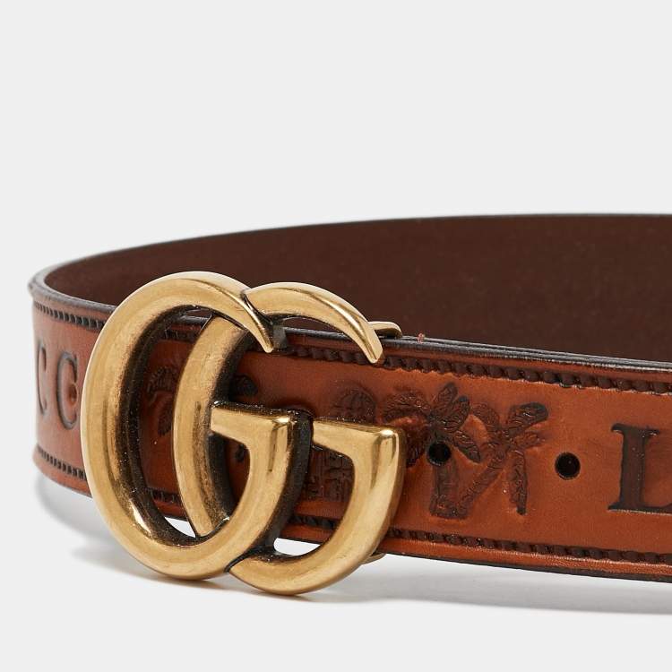 Pre Owned Gucci Brown Leather Loved Double G Buckle Belt 85CM