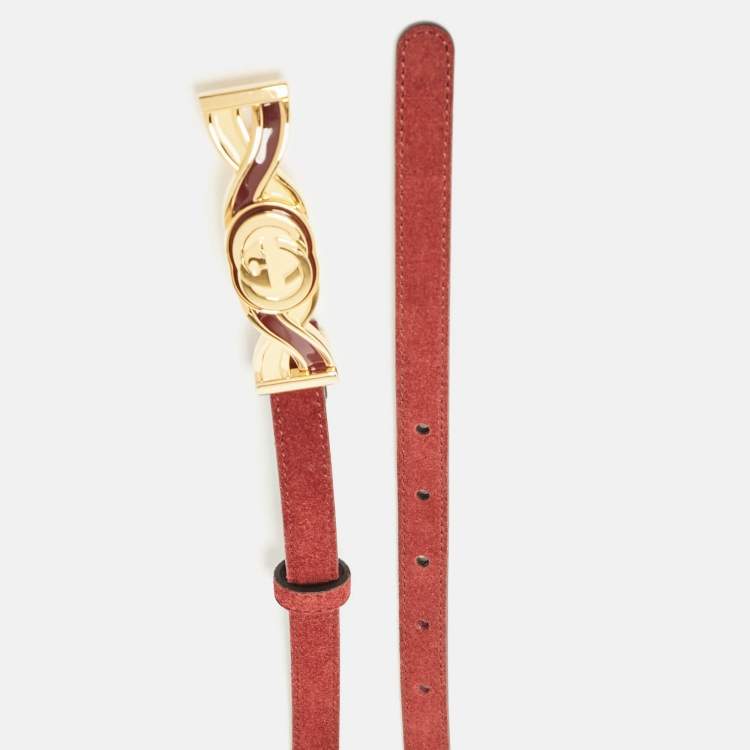 Pre Owned Gucci Burgundy Suede Interlocking G Slim Belt 80 CM
