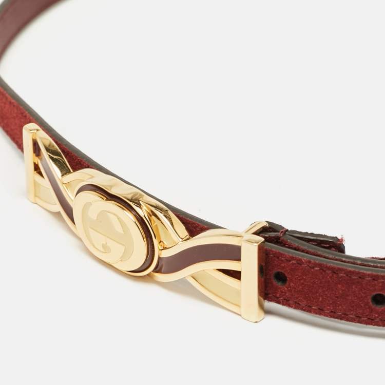 Pre Owned Gucci Burgundy Suede Interlocking G Slim Belt 80 CM