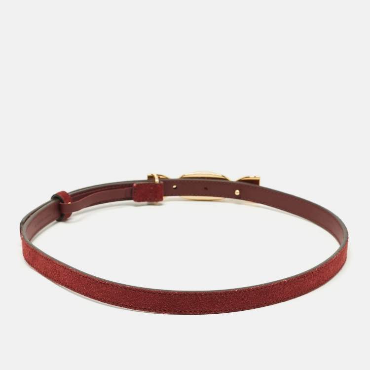Pre Owned Gucci Burgundy Suede Interlocking G Slim Belt 80 CM
