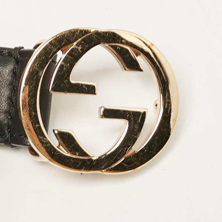 Pre Owned Gucci Black Leather Interlocking G Slim Buckle Belt 80CM