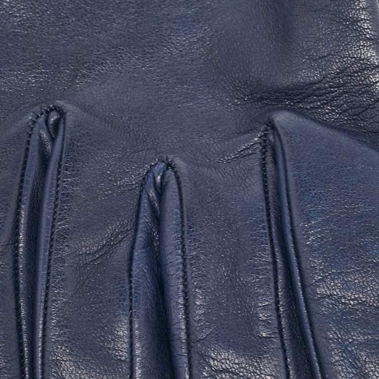 Pre Owned Gucci Navy Blue Leather Interlocking G Long Gloves Size 6.5 