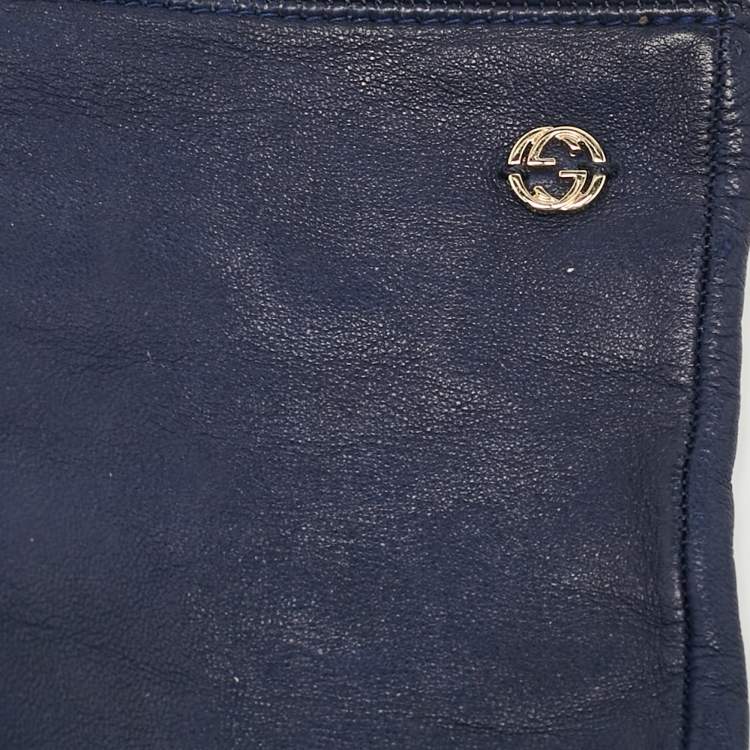Pre Owned Gucci Navy Blue Leather Interlocking G Long Gloves Size 6.5 