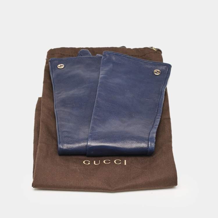 Pre Owned Gucci Navy Blue Leather Interlocking G Long Gloves Size 6.5 